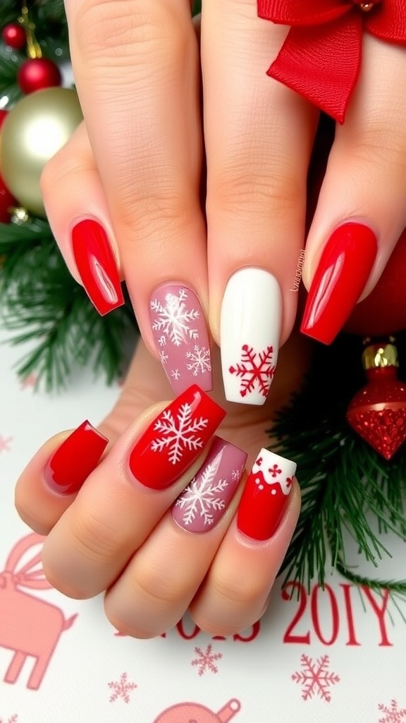 Classy red and white Christmas nails with snowflake designs on a festive background.